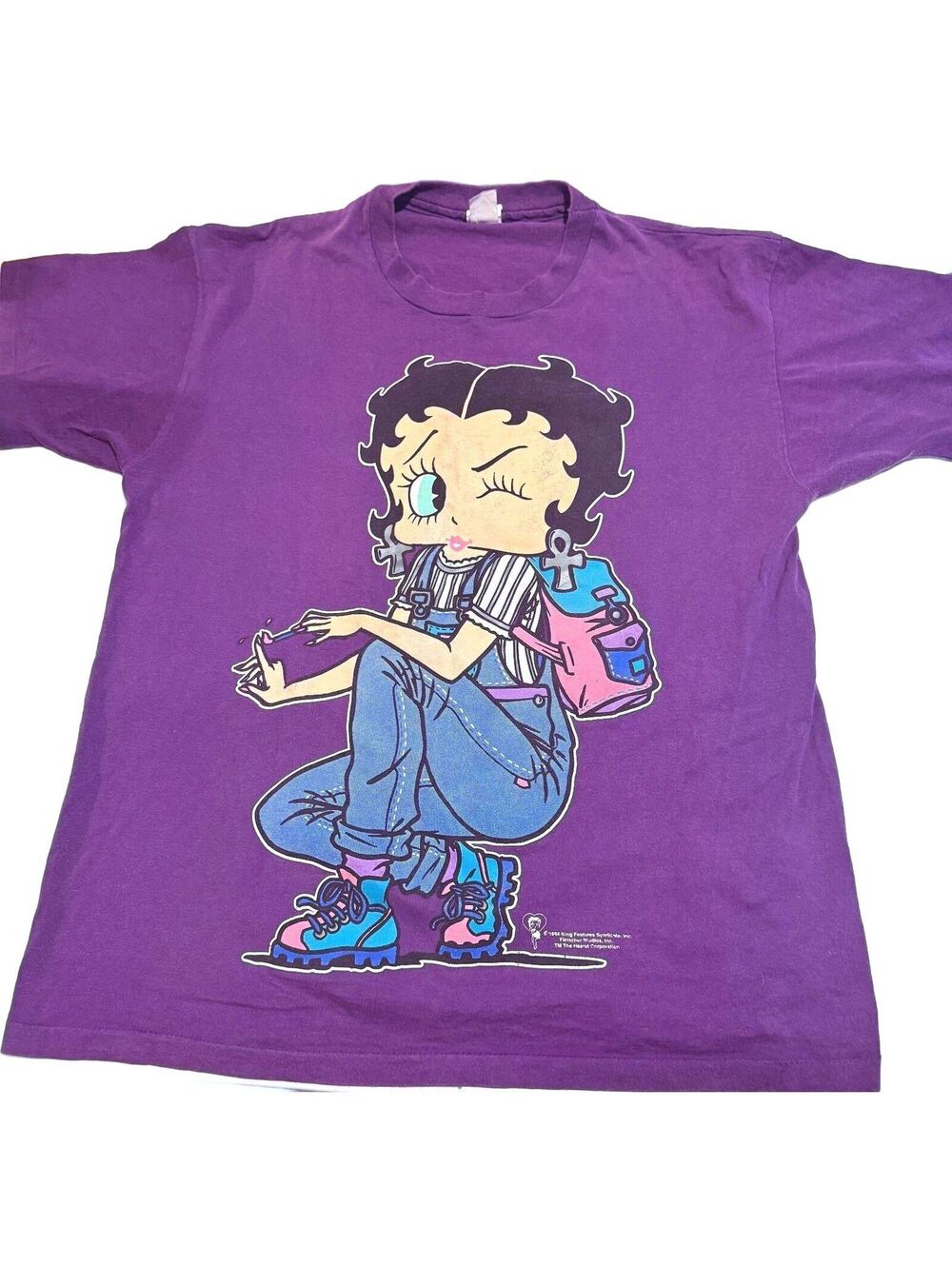 Vintage 90s Y2K Single Stitch Purple Betty Boop Winking Short Sleeve L